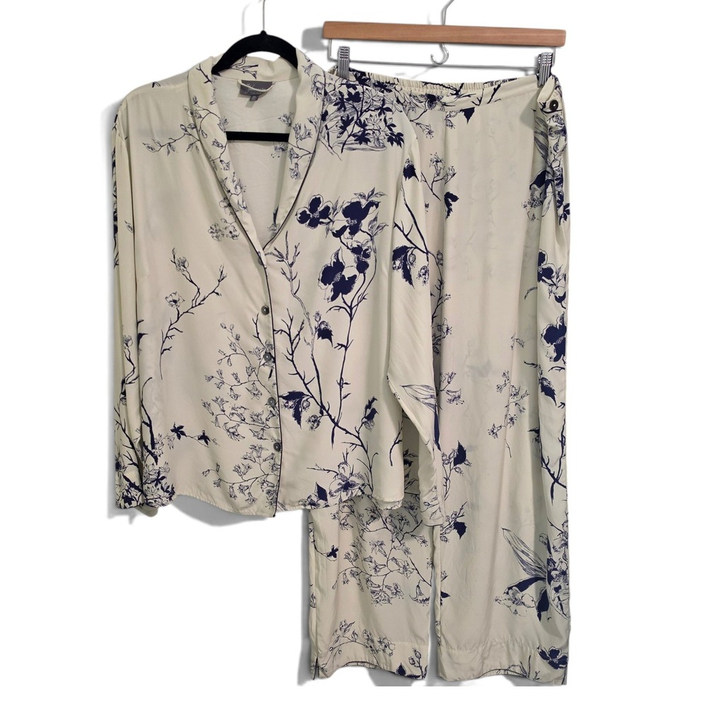 Julianna Rae Silk Floral Pajama Set XXL Cream Navy Luxury Sleepwear Matching Set